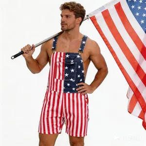 4th of July American Flag Denim Overall Shorts, Unisex Stretchy Fit Romper, Patriotic Workwear with Breathable Fabric, Beach Vacation Outfit, Roomy Pockets for Phone or Sunglasses
