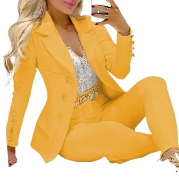 Women’s Casual Blazer Pants Set, Solid Color Long Sleeve Button Blazer and Matching Long Pants Two Piece Outfit, Business Casual Workwear Suit Set for Office, Spring, Daily Wear and Going Out Looks S-XXL
