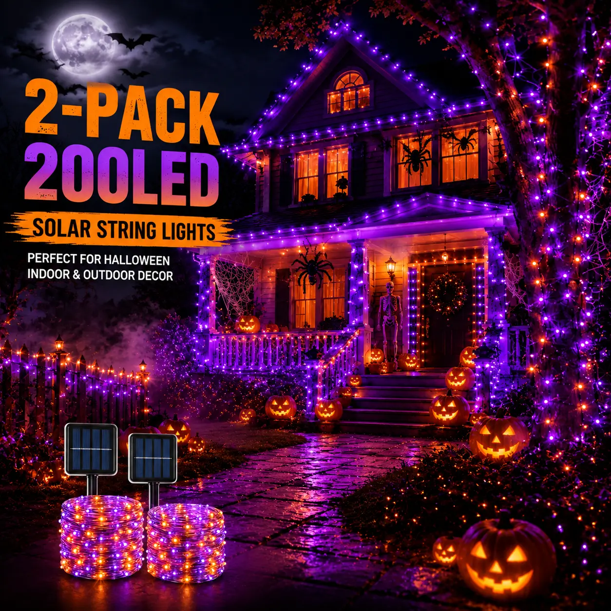Halloween Solar-Powered Outdoor Copper String Lights Set (2-Pack), 400 LED Bulbs, IP44 Waterproof, 8 Lighting Modes, Ideal for Tree, Garden, Patio Decor