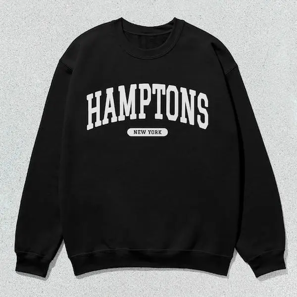 Hamptons New York Collegiate Sweatshirt, Unisex Casual Graphic Print Long Sleeve Crewneck Pullover, Round Neck, Tops, Clothes, Graphic Front, Slogan Print, All Seasons, Crew Neck Slogan Men's Sweatshirts, Minimalist, Preppy