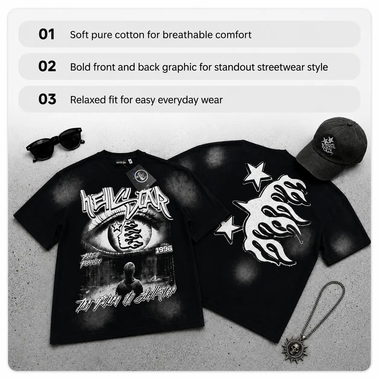 Hell Star Graphic T Shirt Pure Cotton Streetwear Y2K Summer Daily Casual Party Festival Outfit Urban Hip Hop Harajuku Viral Trend TikTok Fashion Vintage Washed Oversized Men Women Couples Unisex Trendy Top Aesthetic Tee