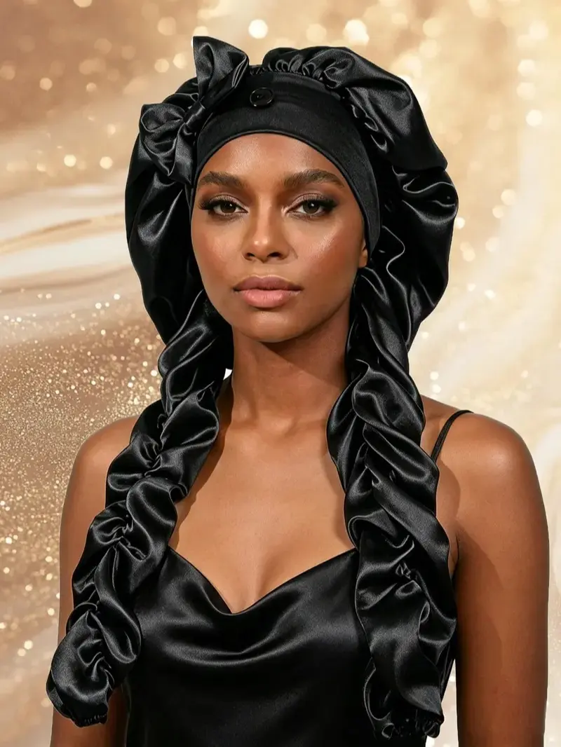 2PCS Satin Hair Bonnet for Sleeping and Outdoor Sun Protection, Long Tail Sleep Cap with Curling Ribbons, No-Slip Hair Cover for Curly Hair, Braids and Long Hair