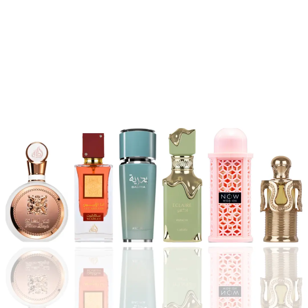 Lattafa Unisex Fragrance 6-Piece Multi-Scent Bundle - Fakhar Lattafa Woman, Ana Abiyedh Scarlet, Badria, Eclaire Pistachio, Now Pink, Maitha, Fruity Musky Perfume, Non-Toxic Unisex Fragrance