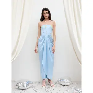 Cider Satin Floral Shirred Split Bandeau Maxi Dress