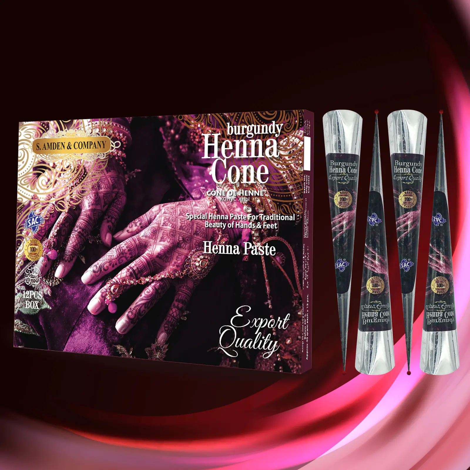 Burgundy Expert Quality Henna Cone Paste, Natural High-Pigment Smooth Body Makeup for Traditional Hands & Ft Beauty, Ideal for Festivals & Weddings
