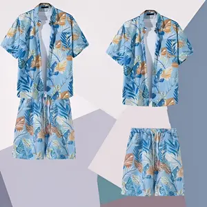 Mens Womens Hawaiian Outfit Set Blue Gold Green Tropical Leaf Print Loose Casual Shirt Shorts Beach Sunbathing Pool Party Summer Festival Matching Aloha Set