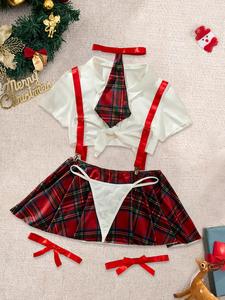 women's sexy plaid costume set, plain collared crop top & suspender skirt & & thong & tie & thigh bands set, women's lingerie for vacation party cospiay, womenswear