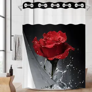 1PC 2D Flat Red Rose Water Splash Pattern Double-Layer Woven Shower Curtain (No Hooks), Floral Shower Curtain, Transparent Top Window, Removable Liner with Clips, Bathroom Partition Art Decoration, Bathroom Decor, Holiday Decoration, Bathroom Accessory