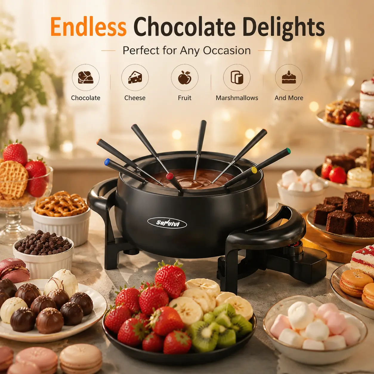 Sunvivi Durable Electric Fondue Pot Set - 3 Qt Multifunctional Hot Pot Kitchen Appliance, 1000W Non-Stick Maker with Adjustable Temperature Control, 8 Color-Coded Forks for Chocolate, Cheese, Kitchen Appliances，one-touch operation， home essential