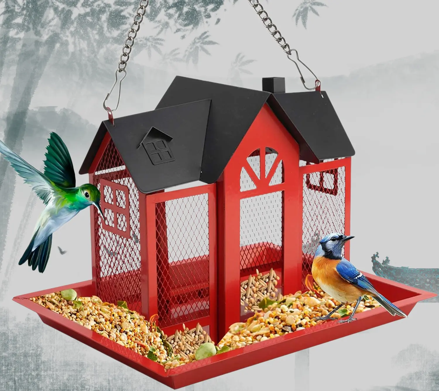 Metal House Shaped Bird Feeder, Outdoor Hanging Wild Bird Feeder with Large Capacity, Weatherproof Squirrel Proof Seed Feeder for Garden Yard（Red/yellow/white/purple)