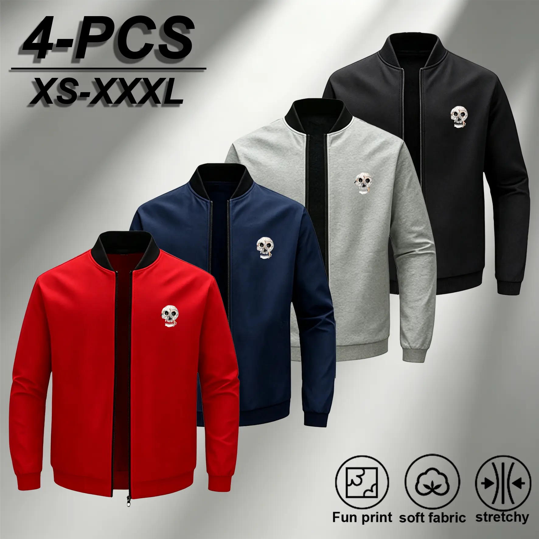 Men's Stretch Fit Skull Print Bomber Jacket (4PCS, XS-XXXL) - Soft Stretchy Fabric, Zip Up, Vintage Chest Print, Windproof, Lightweight Streetwear Casual Outerwear - Red, Navy, Gray, Black, Long Sleeve
