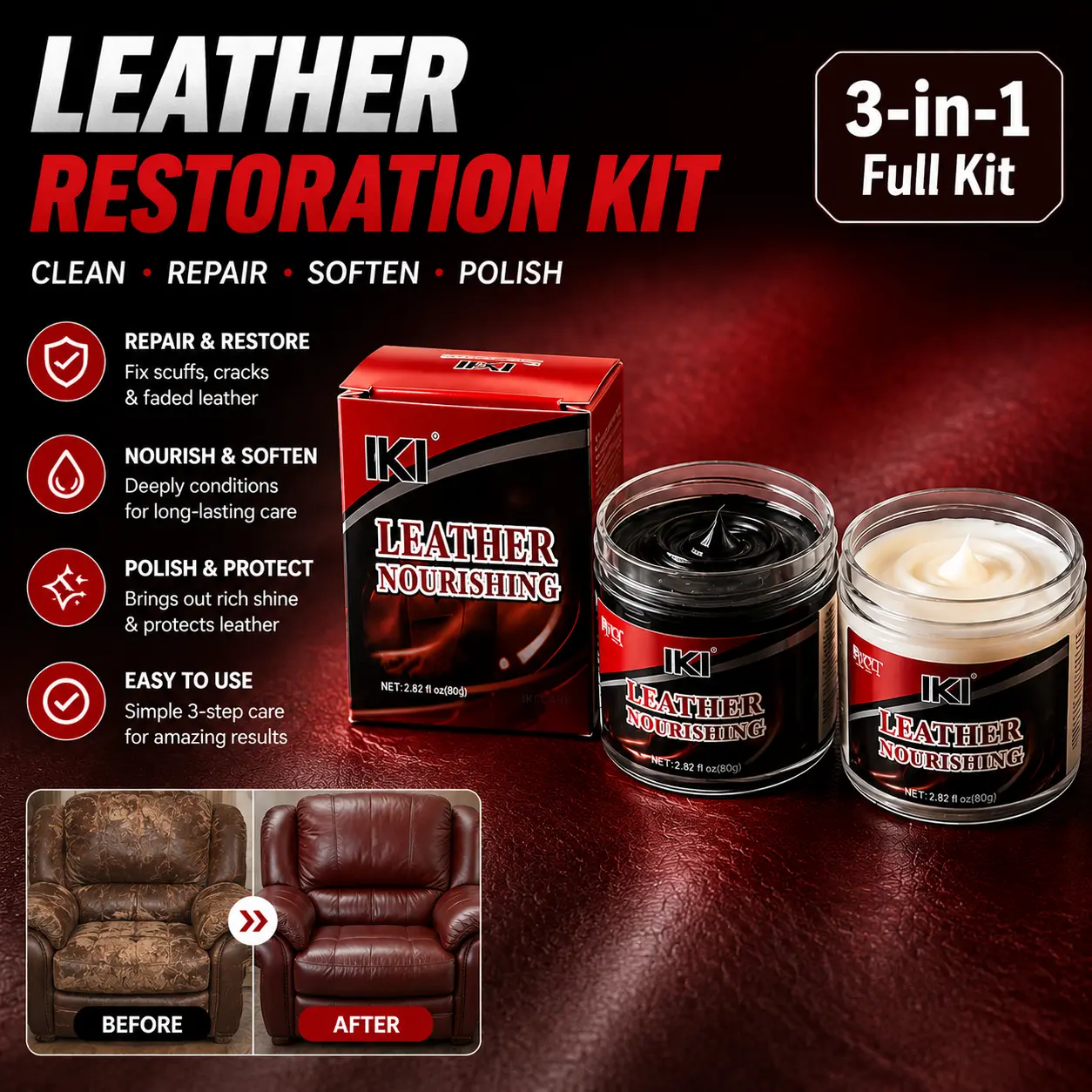 Leather Repair & Conditioner Kit - Lanolin Balm, Sponge, Polishing Glove, Black & Neutral Formula for Color Restore, Softening & Shine of Leather Jackets, Shoes
