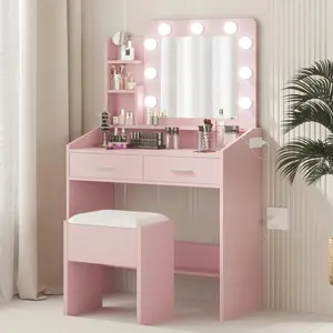Garvee Modern Makeup Vanity Desk with Large Mirror, Dimmable LED Lights, 7 Drawers, Power Outlet, Cushioned Stool, and Hairdryer Holder in Pink - Stylish and Functional
