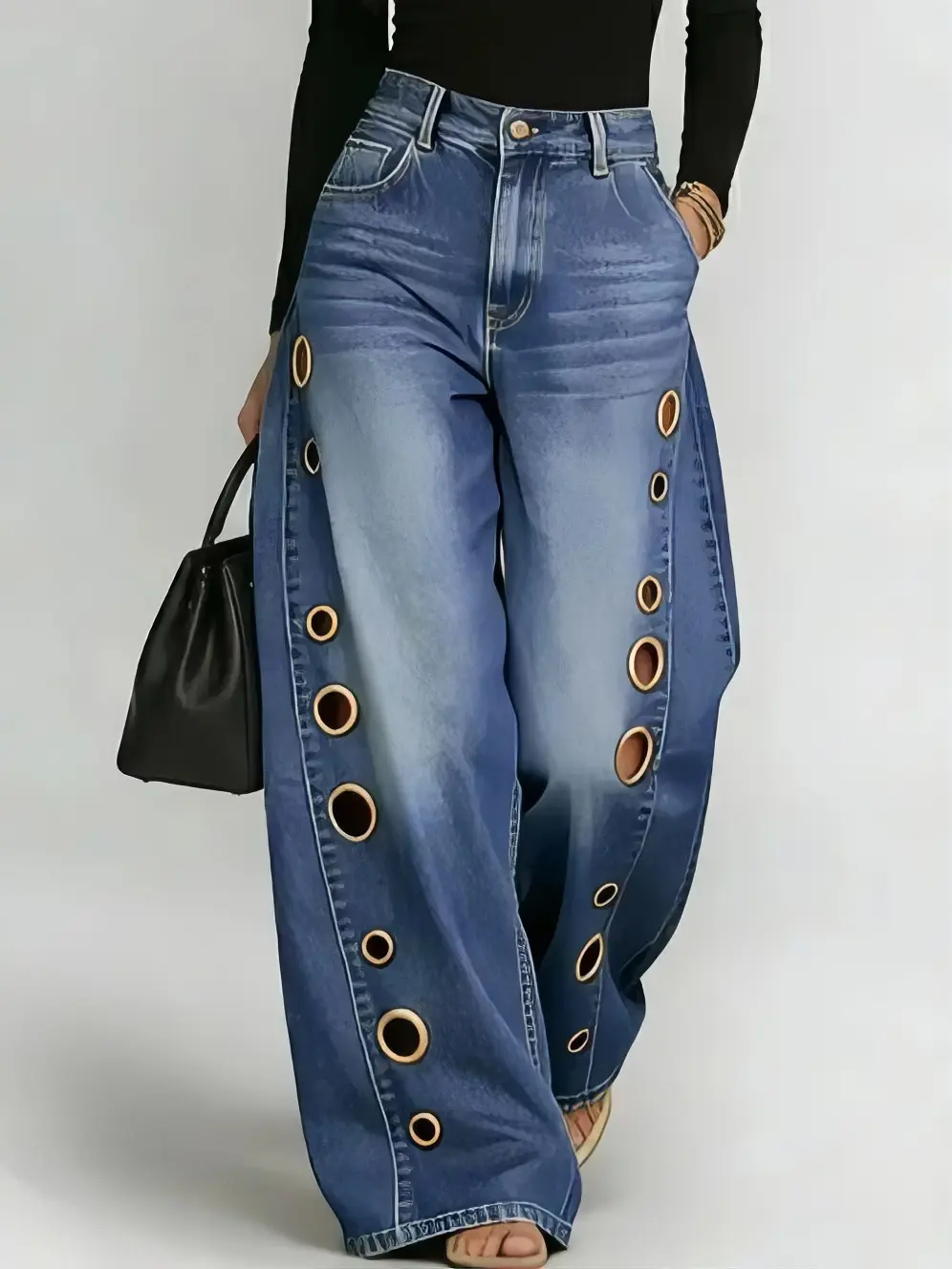 2026 Spring/Summer Women's Solid-Color Loose Jeans Pants with Asymmetrical Metal Eyelet Detail