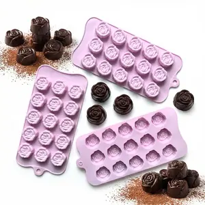 3pcs Rose Shape Chocolate Cake Silicone Molds, DIY Candy Pudding Dessert Baking Tray, 15 Cavity Ice Cube Trays, Kitchen Accessories