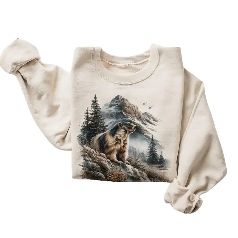 Retro 90s Marmot Cotton Blend Sweatshirt, Unisex Casual Long Sleeve Round Neck Vintage Wildlife Graphic Tops