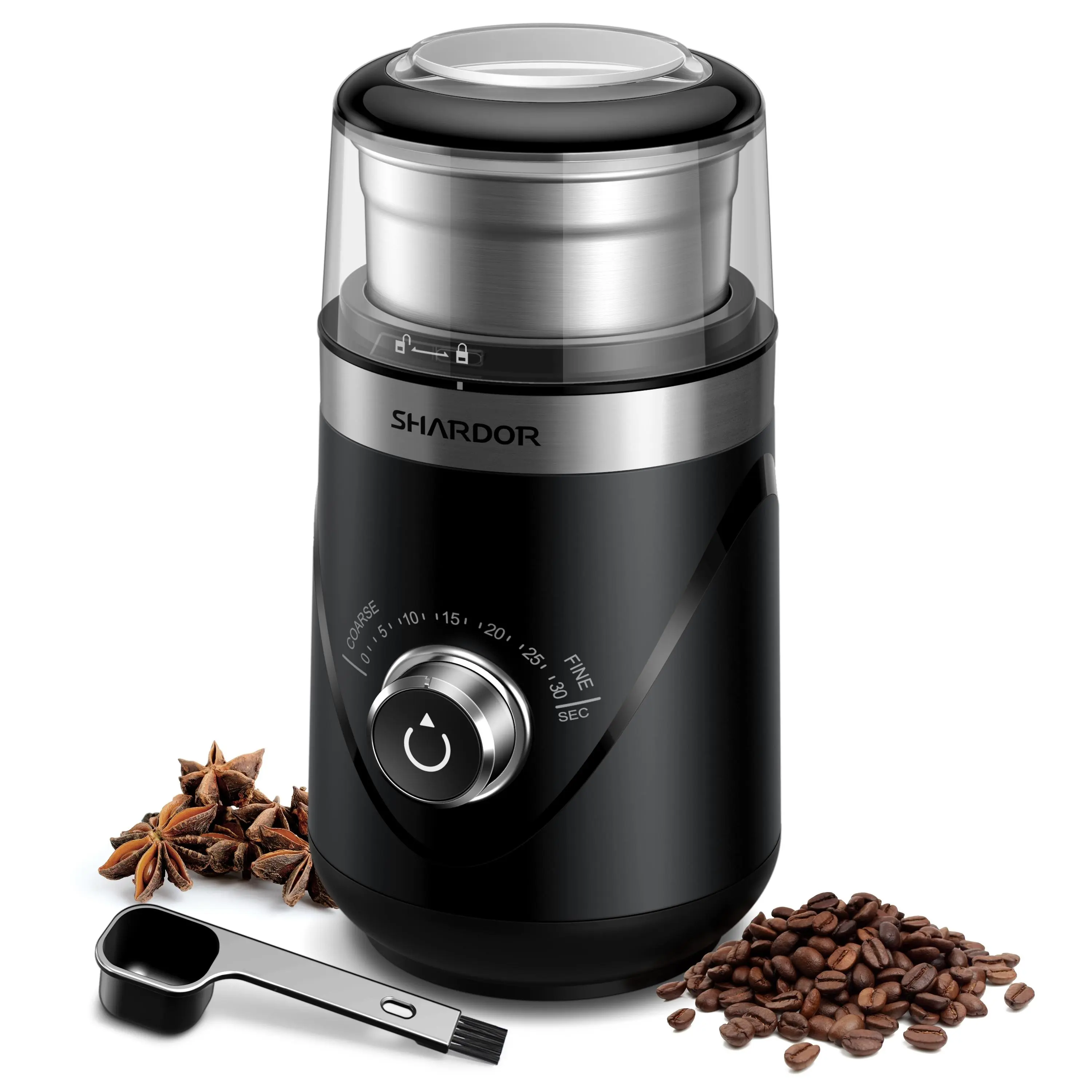 SHARDOR Electric Adjustable Coffee Grinder - 2.5oz Removable Stainless Steel Bowl, Coffee Equipment with Timer, Powerful Grind for Beans, Fine to Coarse Control for Herb, Spice, Espresso (Black), Grinds Spices & Herbs