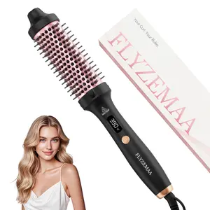 FLYZEMAA Thermal Brush, FLYZEMAA 1.5 Inch Curling Iron for Long Dry Hair, Heated Round Brush Straightener with 3 Temp Settings, 30s Fast Heat for Curling & Volumizing, Anti-Scald Nylon Bristles(Black) hair curler,Beauty Gift
