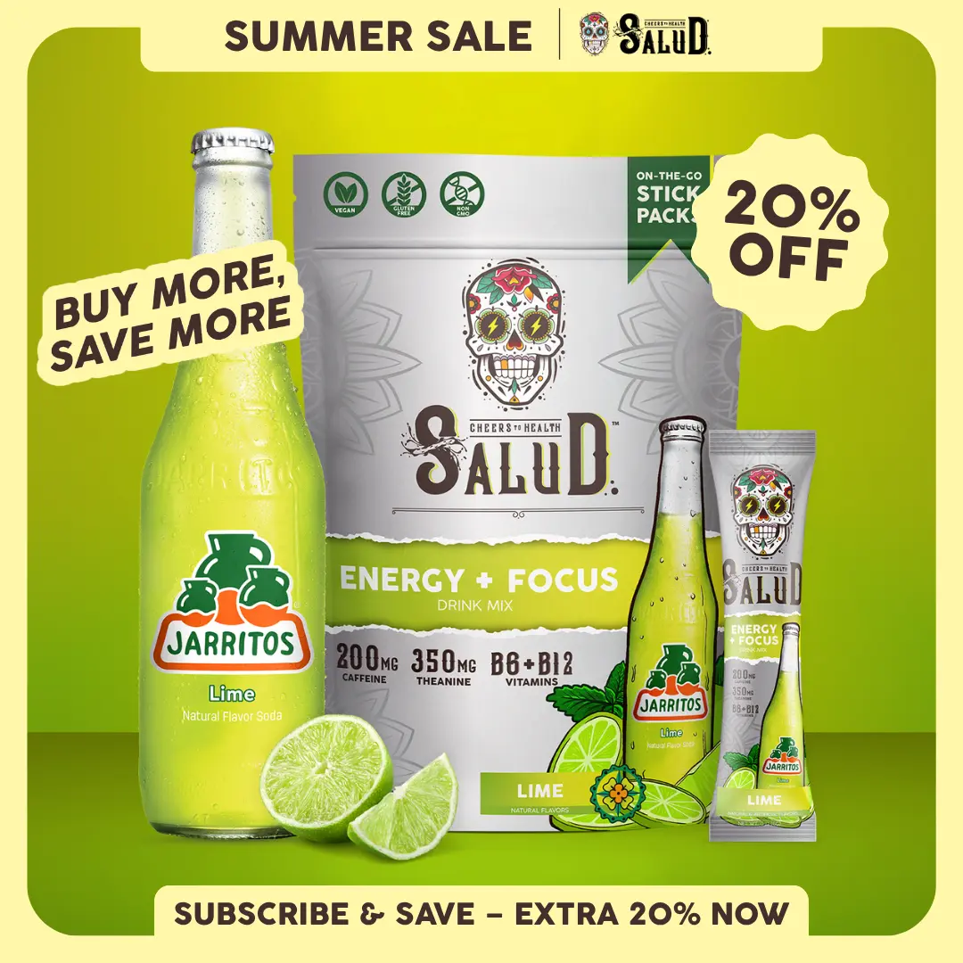 Salud x Jarritos 2-in-1 [Energy + Focus - Lime] Clean Energy Drink Mix, Agua Fresca, Organic Caffeine, B6 & B12, L-Theanine, Drink Packets, Non-GMO, Gluten Free, Vegan, Low Calorie, 1g Sugar (15 Servings)