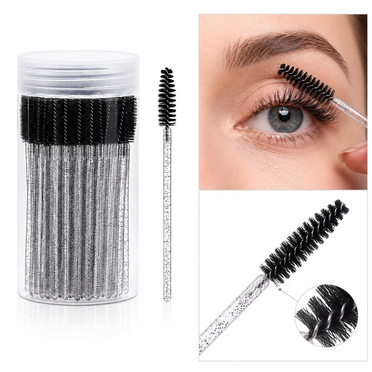 100 Disposable Eyelash Brushes, Crystal Brow Brush for Lash Extensions, Cosmetics Eyelash Brush with Container Included - MM2