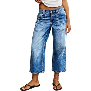 Flamingals Wash Patched Pocket Mid Waist Straight Leg Crop Jeans Stretchy 24.4'' Inseam Chic Style