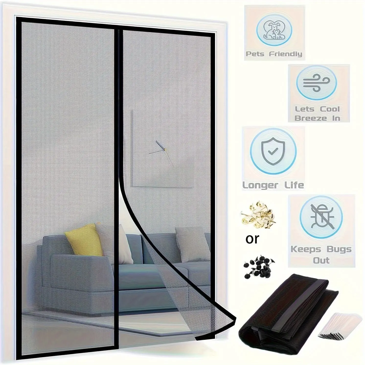 Self-Sealing Heavy-Duty Mesh Partition, Hands-Free Design, Bug-Proof & Pet/kid-Friendly, Available in Two Sizes, Mesh Zipper Doors, Magnetic Screen Door
