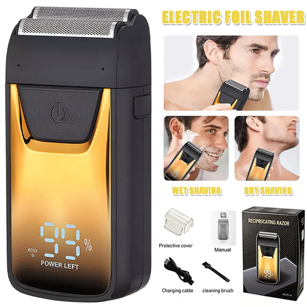 Electric Men's Foil Shaver Trimmer Razor USB Recharge LED Display Hair Beard Shaving Machine Wet/Dry Reciprocating foil shaver kit Removable Cordless Twin Blade shaver ，Portable Beard Shaver