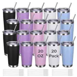 FASTSUB 20 oz Powder Coated Travel Tumbler with Lid and Straw 20 Pack, Stainless Steel Double-wall Vacuum Insulated Cup for Laser Engraving UV DTF