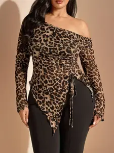 Plus Size Leopard Print Asymmetrical Drawstring Ruched Long Sleeve Top Blouse, Sexy Y2K Street Style Mesh Shirt, Perfect for Parties and Daily Wear