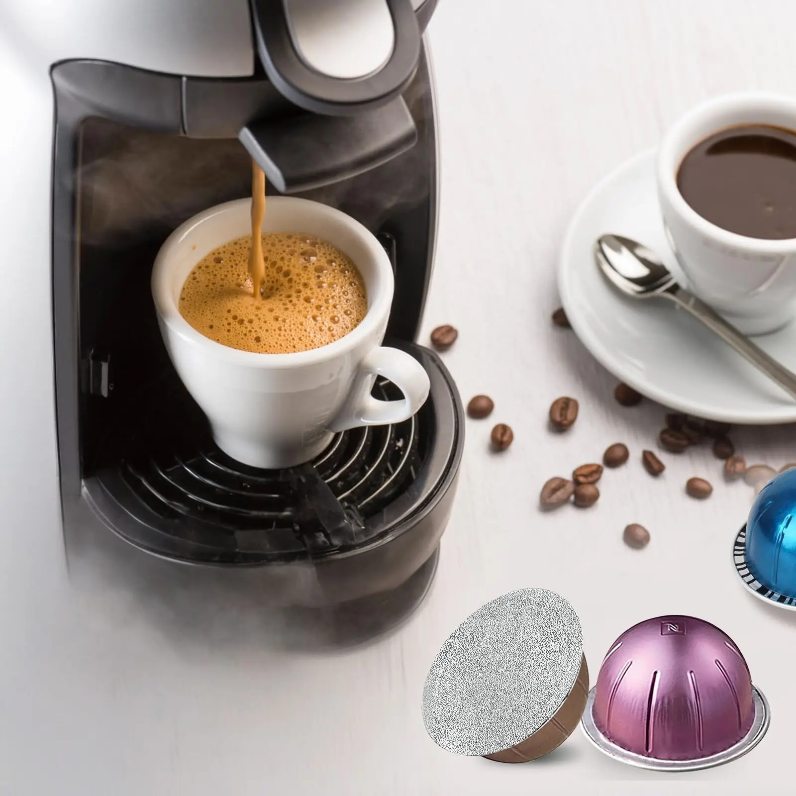 Aluminum Foils Lids to Reuse Vertuoline Capsules Coffee Pods Compatible with Nespresso VertuoLine Machine 62mm(50/100package) Reusable Lids Reusable Lids for Coffee Pods Aluminum Material Coffee Accessories