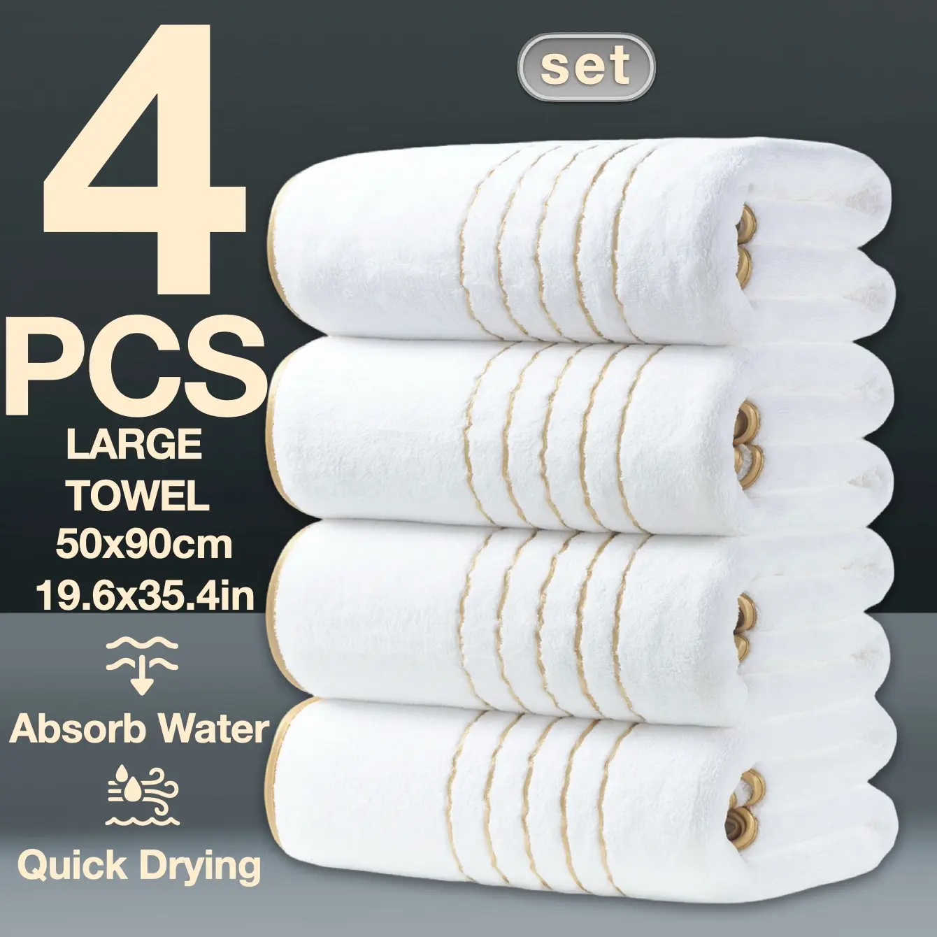 4-Piece Gold Thread Decorative Large Towels 50x90cm, Modern Simple Bathroom Set, Quick-Dry Absorbent Microfiber, Quick Drying Absorbent, Suitable for Home Camping Hotel School Community Factory, Quick Dry Towels for Travel, Bath Towel Sets