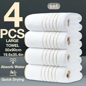 4-Piece Gold Thread Decorative Large Towels 50x90cm, Modern Simple Bathroom Set, Quick-Dry Absorbent Microfiber, Suitable for Home Camping Hotel School Community Factory, Bath Towel Sets