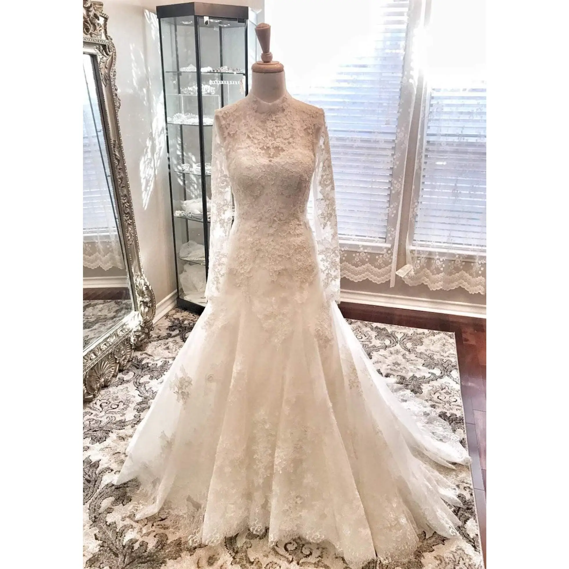 Rebekah Style Vintage Wedding Dress for Women, A-Line Tulle and Lace Gown with Long Sheer Sleeves and Chapel Train, Made-to-Order, Wedding Dresses