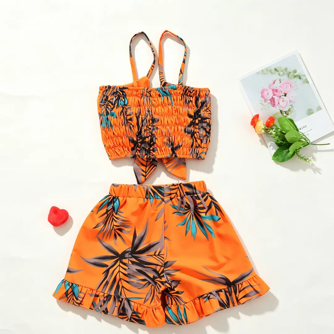 Girls' 2-Piece Clothes Set, Bowknot Sling Leaf-Printed Summer Beach Vest & Loose Shorts, Orange Girls Clothes, Clothes Sets