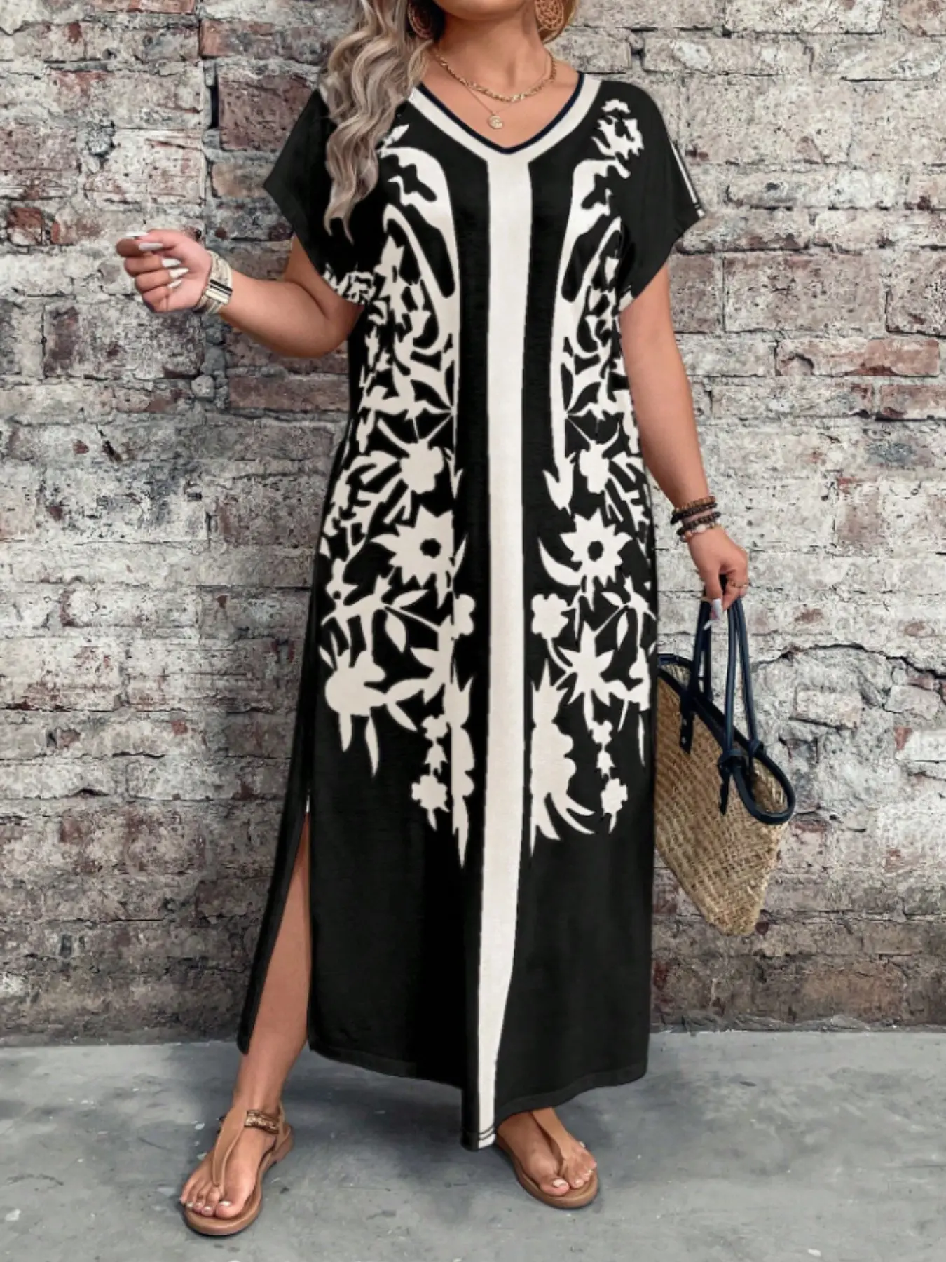 Women's Short Sleeve Dress, Colorblock Print, Side Slit, Spring Summer Style, Casual Fashion, Perfect for Daily Wear, Leaf, Casual Dresses