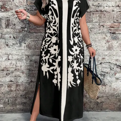 Women's Short Sleeve Dress, Colorblock Print, Side Slit, Spring Summer Style, Casual Fashion, Perfect for Daily Wear, Leaf, Casual Dresses