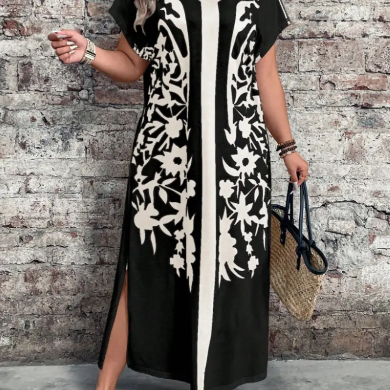 Women's Short Sleeve Dress, Colorblock Print, Side Slit, Spring Summer Style, Casual Fashion, Perfect for Daily Wear, Leaf, Casual Dresses