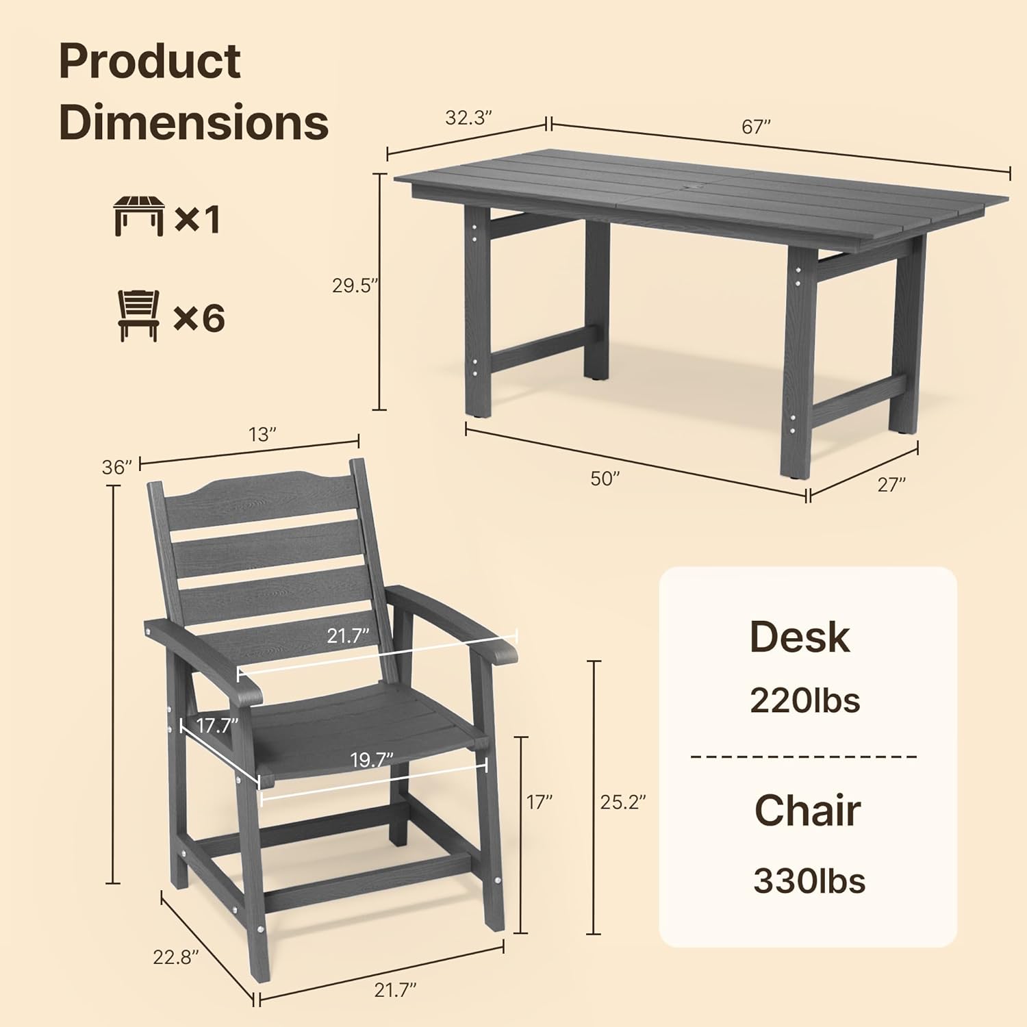 Gizoon 7 Piece HIPS Patio Furniture Set, Dining Table and Chairs for 6, Outdoor Dining Table Sets with Umbrella Hole, Patio Dining Set for Garden, Backyard, Lawn, Grey