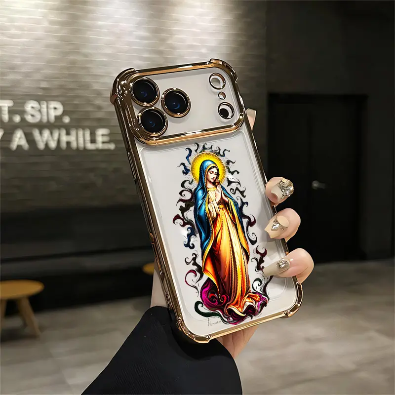 Virgin of Guadalupe Shockproof Case with Gold Rim Premium Protection For IPhone 17 16 15 14 13 12 11 PRO PLUS MAX AIR Four-corner Drop-proof Transparent Casual Soft Silicone patternfull protection case floral pattern Mobile Phone Case Q172