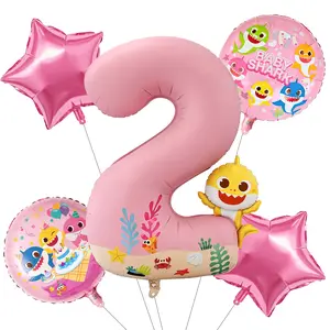 PartyWoo Baby Shark Pink Foil Number 2 Balloon 5pcs 40 18 Inch Pink Round Star Mylar Helium Birthday Balloons for Boys and Girls Baby Shark Under the Sea Ocean Kids Second Birthday Party Decorations