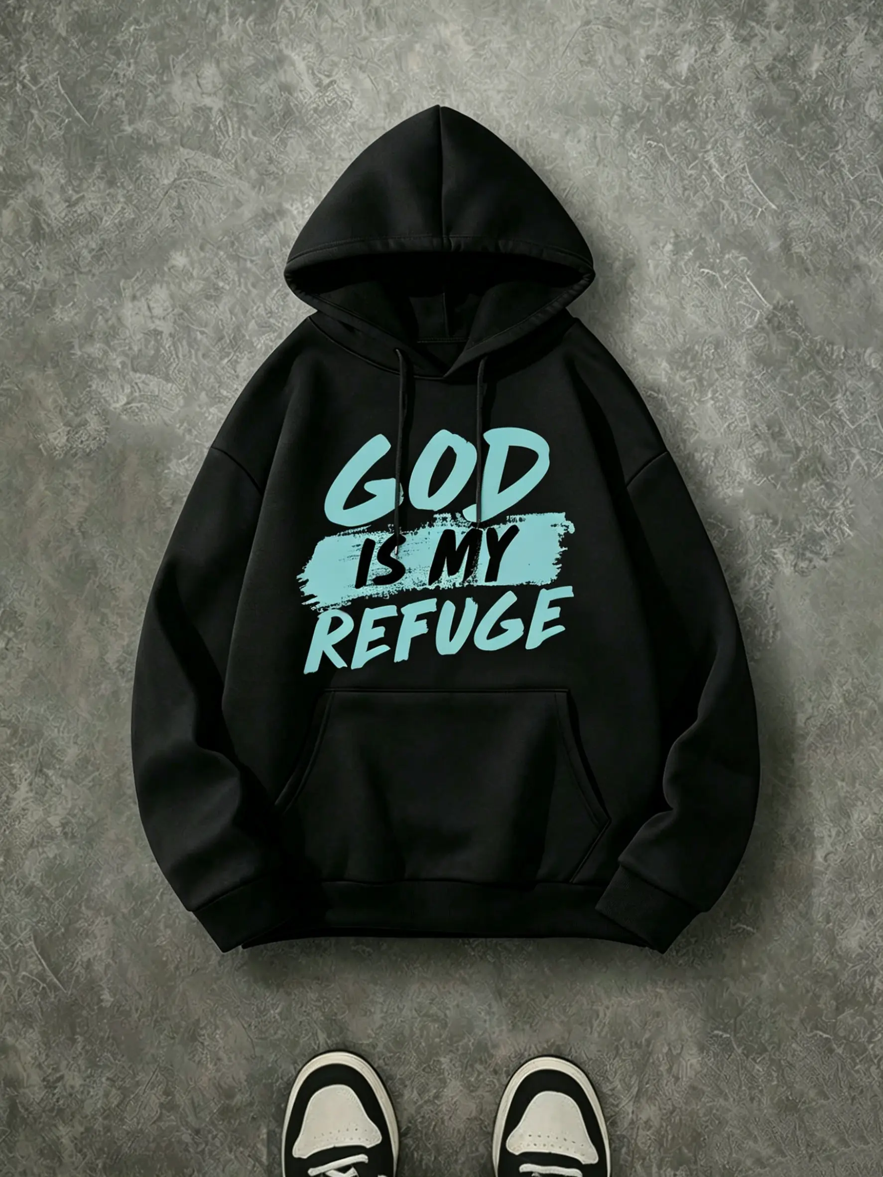 God Is My Refuge Brush Stroke Graffiti Letter Hoodie, 270G Brushed Fleece Mint Green Scripture Front Print Black Hooded Sweatshirt, Minimal Inspirational Christian Casual Streetwear Pullover For Men & Women