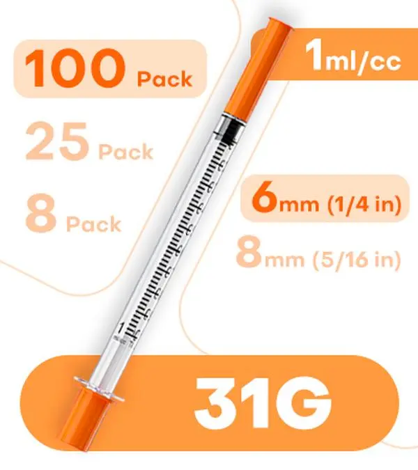 100 Pack 31G 1mL U-100 1/4" (6mm) Syringes with Needle, Precision Liquid Dispensing Tools | Individually Packed With Clear Scale Markings, Lab & Camping Essentials