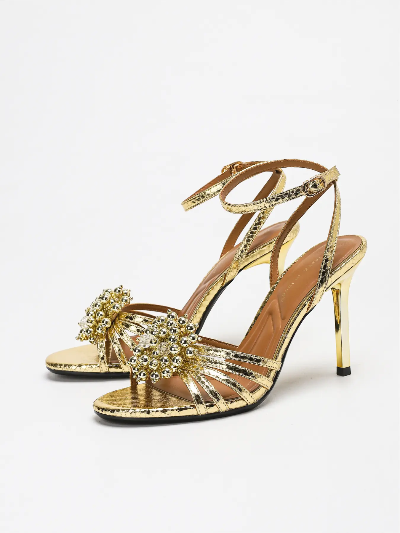 Women's Gold Metallic Stiletto Heel Sandals with Crystal Beaded Floral Accent & Ankle Strap, Glitter Decorated Sandals, Elegant Fashionable Sandals, High Heels for Party, Prom, Evening Events