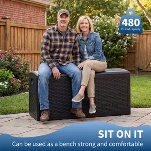 73 Gallon Resin Outdoor Storage Box, Waterproof UV-Resistant Deck Chest with Lockable Lid, Woven Strap Design Large Capacity Storage for Patio Cushions, Garden Tools, Pool Accessories and Toys