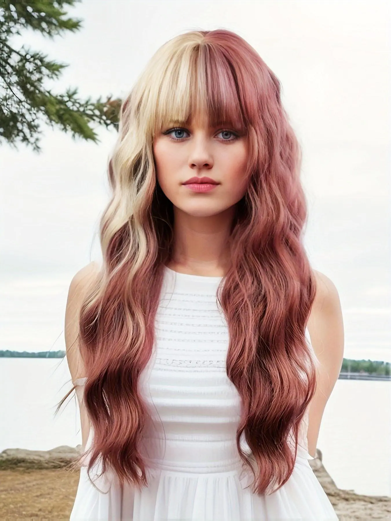 26 Inch Long Mixed Color Water Wave Wigs, Body Wave Wigs for Women, Fashion Fluffy Wigs, Gorgeous Fluffy Wavy Wigs with Blunt Bangs, Synthetic Material Wigs, Synthetic Hair Wig, Synthetic Full Machine Wigs for Cosplay, Party, Daily Use