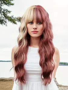26 Inch Long Mixed Color Water Wave Wigs, Body Wave Wigs for Women, Fashion Fluffy Wigs, Gorgeous Fluffy Wavy Wigs with Blunt Bangs, Synthetic Material Wigs, Synthetic Full Machine Wigs for Cosplay, Party, Daily Use