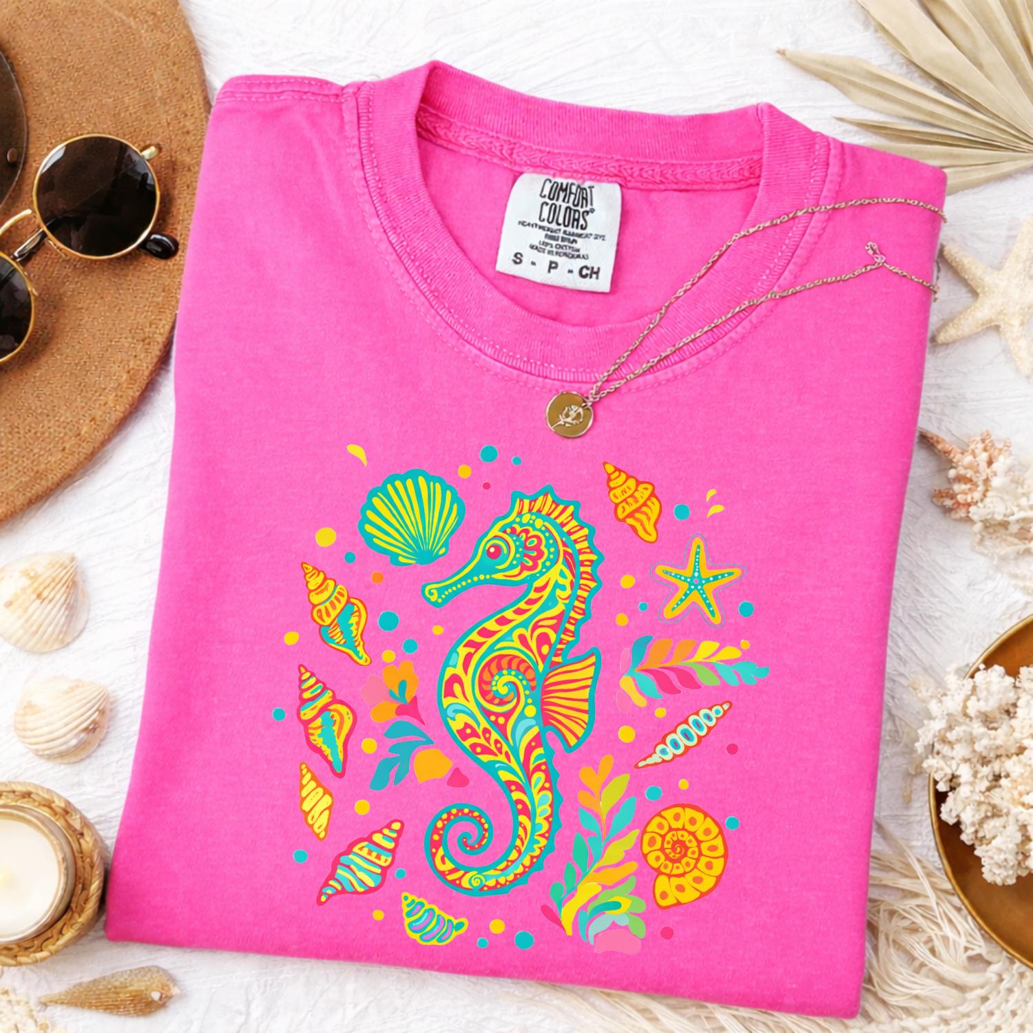 Comfort Colors Seahorse Shirt Colorful Tropical Ocean Graphic Tee Beach Aesthetic Summer Outfit Womenswear & Underwear - Women's Tops - T-Shirts