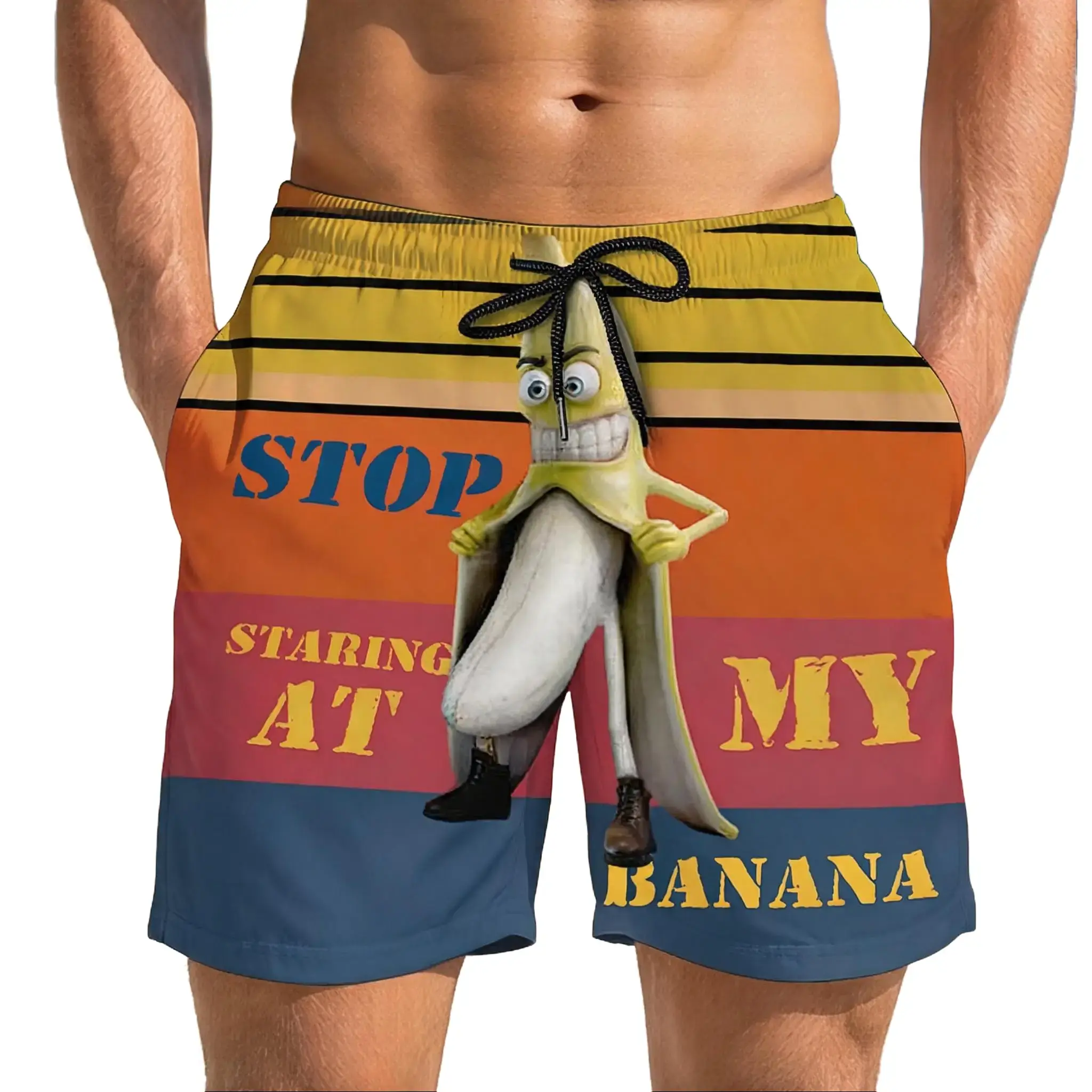 Men's Funny Banana Graphic Quick-Dry Board Shorts - Retro Sunset Beach Style Swim Trunks with Pockets, Beach Style Men's Shorts