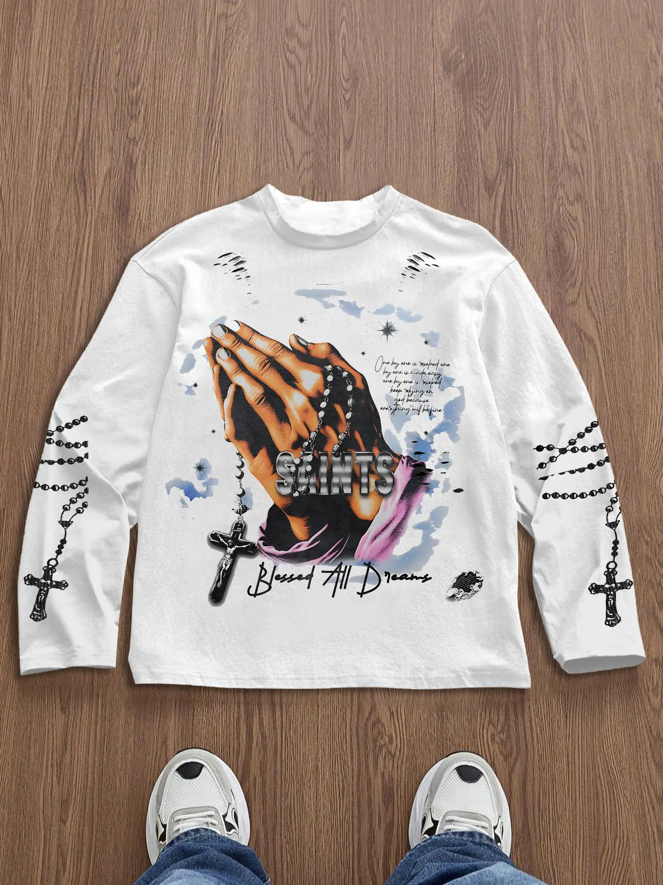 Men's Casual Long Sleeve Fitted T-Shirt, Prayer Hand Print, Bead & Cross Elements, Soft Comfortable Fabric, Fall Commute Daily Wear, Streetwear