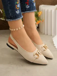 Women's Bright Red Suede Pointed-Toe Slingback Flats with Gold Chain Buckle Decoration Comfortable Slip-On Casual Dress Shoes Daily Office Party Footwear Fashion Low-Cut Heel Shoes Christmas heartwarming gift